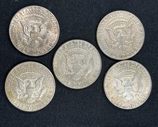Five 1964 Kennedy Half Dollars
