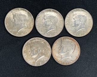 Five 1964 Kennedy Half Dollars
