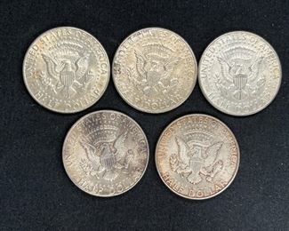 Five 1964 Kennedy Half Dollars