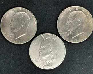 Three 1971 Eisenhower Silver Dollars