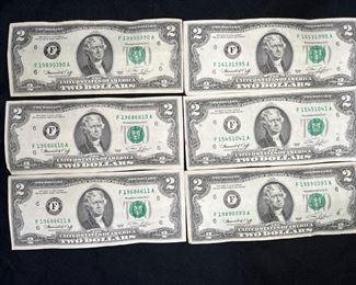 Six 1976 Two Dollar Bills