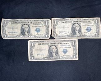 3 Blue Seal Silver Certificates (1935 E, F, & G)