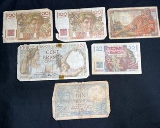 6 Vintage French Banknotes (1939-1948)