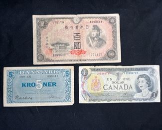 3 Vintage Banknotes (Japan, Denmark, & Canada)