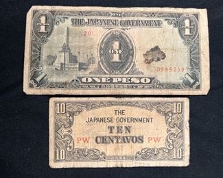 1 Peso & 10 Centavos Japanese WWII Banknotes