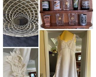 Tiffany bowl, Jack Daniels shot glasses, beautiful wedding dresses.