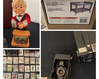 "Bartender" toy (vintage), old cameras, kids playpen and more trading cards (baseball and football)