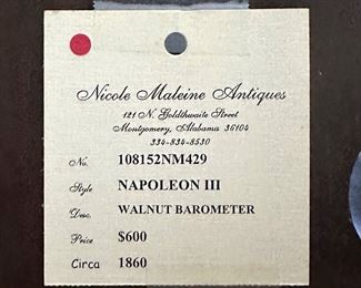 Antique Barometer c1860 back label