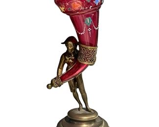 Antique Figure Holding Enameled Glass Cornucopia 
