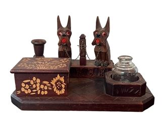 Vintage Wood Carved Scottie Dog Desk Set