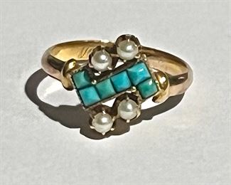 14K Gold Turquoise and Pearl Ring 