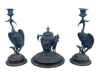 Rare Victorian Antique Bronze Crane Inkwell and Candlesticks