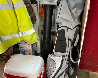 Golf clubs (mixed), leaf vacuum, leaf blower, cooler