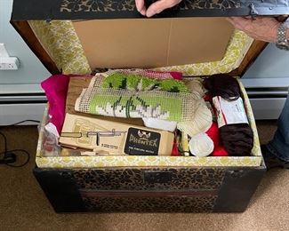 Yarn, needlepoint, and knitting supplies (chest included)