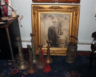 Early 20thc fire fighter memorabilia - from West Hoboken, NJ - trumpets / speaking horns, chief's lantern