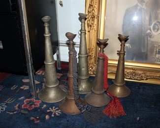Early 20thc fire fighter memorabilia - from West Hoboken, NJ - trumpets / speaking horns, chief's lantern