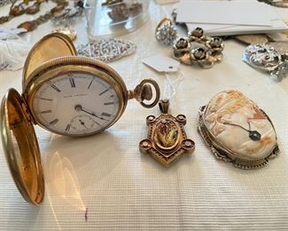 Antique jewelry - 14k golf filled pocket watch, cameo brooch, Victorian locket