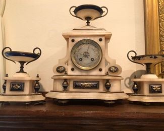 Alabaster mantle clock with flanking candle holders 
