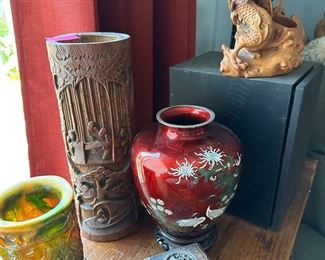 Cloisonne vase, brush pot, carved wood incense holder, antique wooden box