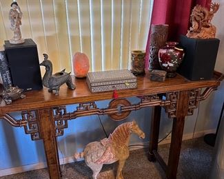 Exquisite altar table, reproduction terra cotta horse, ox bone carved geisha, black and green peacock incense holder, Cloisonné vase, etc