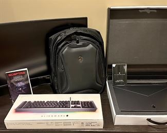 Sceptre C32 Curved Gaming Monitor (left) & Alienware Backpack (middle), Alienware Pro Gaming Keyboard Clavier Pro (front), Dell Alienware 17r5 Gaming Computer (right)
