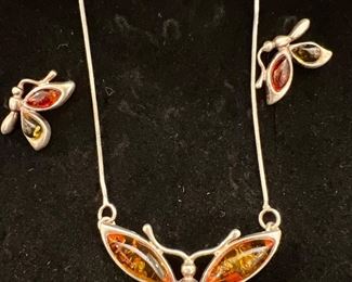 Sterling Silver & Amber Butterfly Set