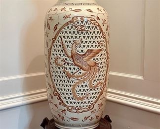Reticulated Vase with Winged Creature on Stand