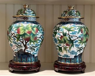 (2) Enameled Metal Ginger Jars on Stand
