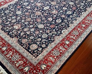 Wool Rug - (navy border, light blue, maroon) - approx. 8' x 11'