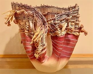 Item 62: Art Pottery Vase embellished with Wicker & Straw - 14" x 13.5": $145