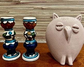 Item 77: Pottery Candlesticks (left): $14 Item 78: Signed Owl (right): $22 Tallest - 3.5"