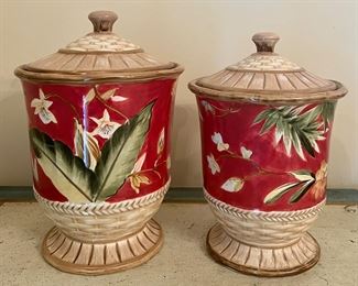 Item 100: (2) Covered Canisters with Palm Leaves - 9": $28/Pair