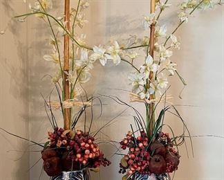 Item 114: (2) Imari Vases with Faux Topiaries & Pomegranates - 39": $145/Pair