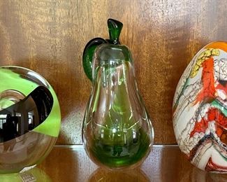Item 139: Studio Ahus Paperweight (Sweden - left): $24 Item 140: Felina Glass Pear (Russia - middle): $24 Item 141: Felina Glass Paperweight (Russia - right): $32 Tallest: 6.5"