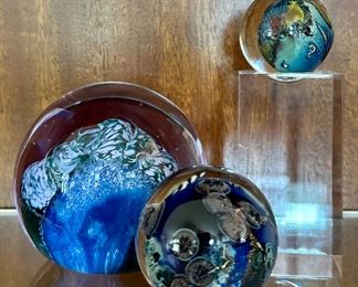Item 144: Caithness (Scotland) Paperweight (left): $48 Item 145: Art Glass Paperweight (middle): $65 (SOLD)
Item 146: Art Glass Paperweight on Stand (right): $52 (SOLD) Tallest: 4.5"