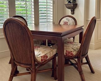 Item 165: McGuire Style Table & (4) Upholstered Chairs: $1495 Table: 36"l x 36"w x 29"h, Chairs - 18.5"l x 17.5"w x 35.5"h