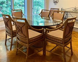 Item 32: Vintage McGuire Boho Rattan Sheaf of Wheat Wheat Dining Table with Glass Top & (8) McGuire Rattan Target Chairs: $4950
Table - 70"l x 48"w x 28.25"h (6) Armchairs - 23.5"l x 17.5"w x 36"h, (2) Chairs - 19.5"l x 17.5"w x 36"h