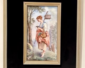 Item 196: Antique Limoges Painted Porcelain (girl with bird) - 11.75" x 15.5": $375