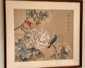 Item 210: Signed Asian Art with Blue Jay - 19" x 16.5": $145