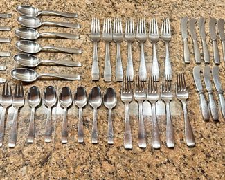 Item 241: Georg Jensen "Plata" Flatware Set (59 pieces): $445 12 forks, 9 knives, 10 salad forks, 12 soup spoons, 6 teaspoons, 10 butter knives