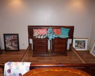 king bed frame, 2 night stands. wall decor, decorative pillows