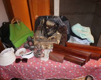 floating shelves, purses, hats