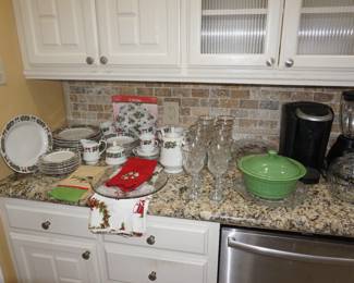 Christmas dish set, stemware, coffee maker, casserole. blender