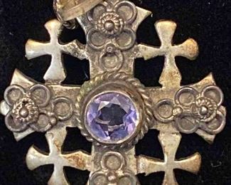 T026 Jerusalem Silver Cross Pendant with Lavendar Gemstone