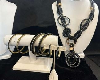 T079 Chicos Black Gold Tone Necklace and Bangles