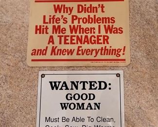 Tin and cardboard signs
