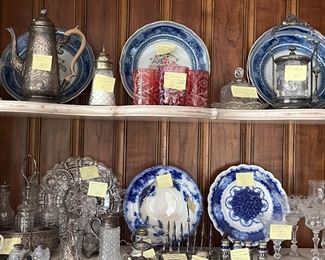 Flow blue & silver/crystal pieces, Fenton cranberry glasses