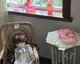 Fenton glass collection, antique child’s chair, fabric doll. 