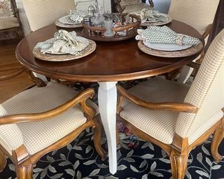 Round wood table & 4 chairs, round wool hooked rooster rug