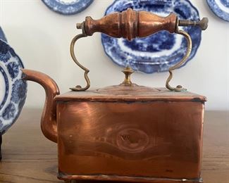 Copper tea pot, flow blue